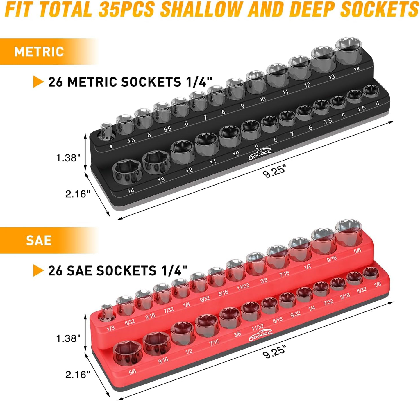 1/4" Magnetic Socket Organizer, 2 Pieces Socket Holder Metric SAE Socket Tray, 1/4 Inch Socket Organizer Tray Holds 52 Standard Sockets for Tool Box Drawer