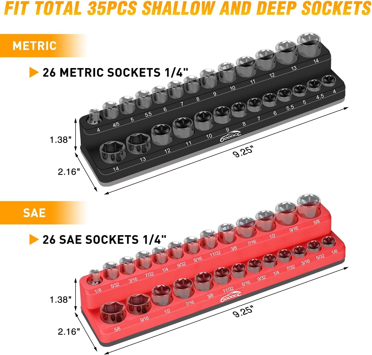 1/4" Magnetic Socket Organizer, 2 Pieces Socket Holder Metric SAE Socket Tray, 1/4 Inch Socket Organizer Tray Holds 52 Standard Sockets for Tool Box Drawer