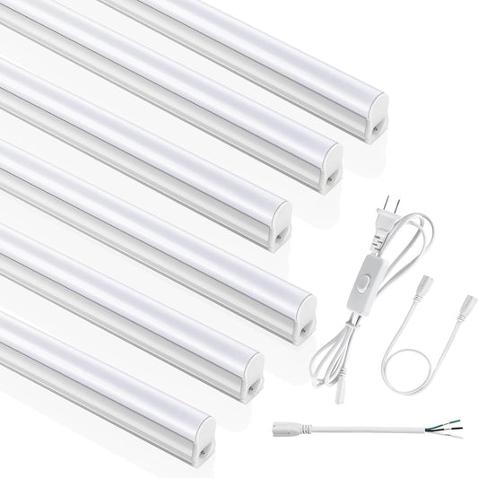 (6 Pack) 4FT T5 LED Integrated Fixture, 6500K,20W,2300Lm(Super Bright White) Linkable LED Shop Light,Garage Ceiling and Cabinet Light,Strip Light,Corded Electric with On/Off Switch