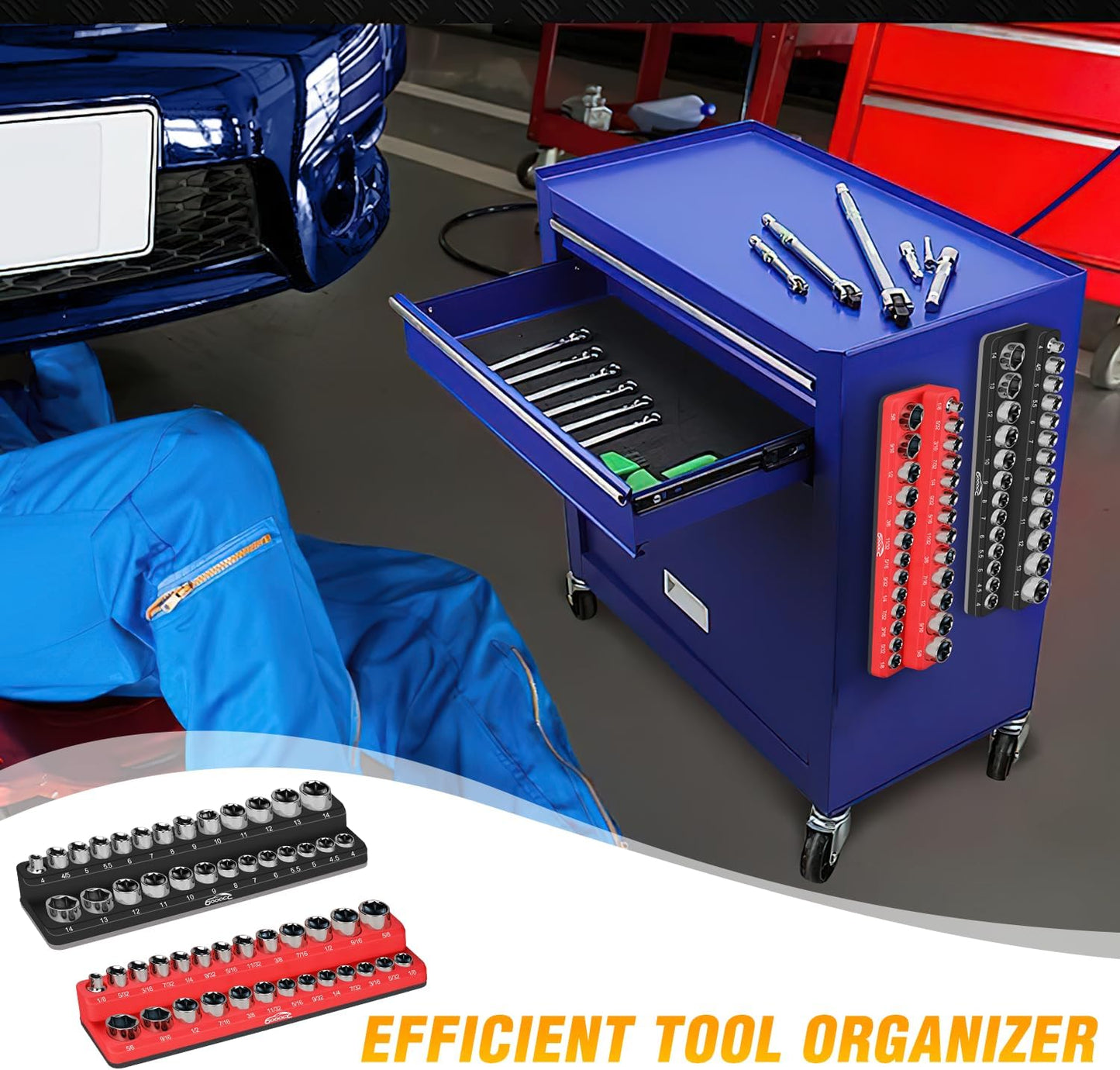1/4" Magnetic Socket Organizer, 2 Pieces Socket Holder Metric SAE Socket Tray, 1/4 Inch Socket Organizer Tray Holds 52 Standard Sockets for Tool Box Drawer