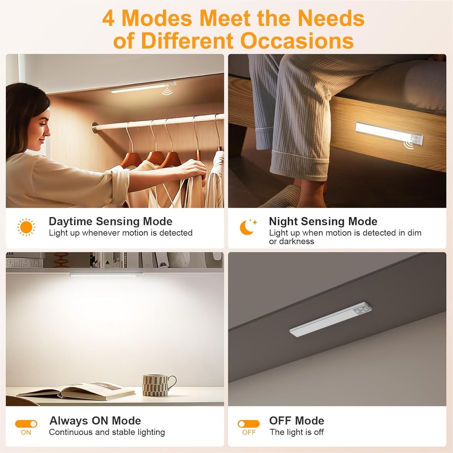 10.2Inch under Cabinet Lighting Rechargeable 2 Pack- 3 Color Temps&5 Level Brightness, Super Bright, 4 Modes, Motion Sensor, Long Lasting - Easy Installation Magnetic under Closet Lights