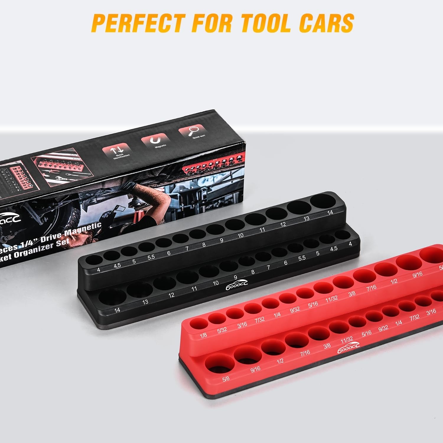 1/4" Magnetic Socket Organizer, 2 Pieces Socket Holder Metric SAE Socket Tray, 1/4 Inch Socket Organizer Tray Holds 52 Standard Sockets for Tool Box Drawer