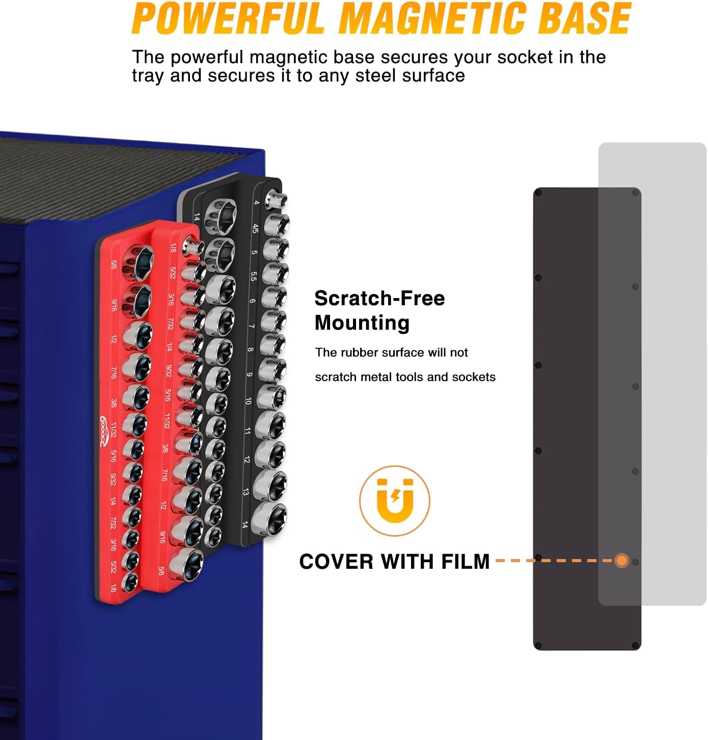 1/4" Magnetic Socket Organizer, 2 Pieces Socket Holder Metric SAE Socket Tray, 1/4 Inch Socket Organizer Tray Holds 52 Standard Sockets for Tool Box Drawer