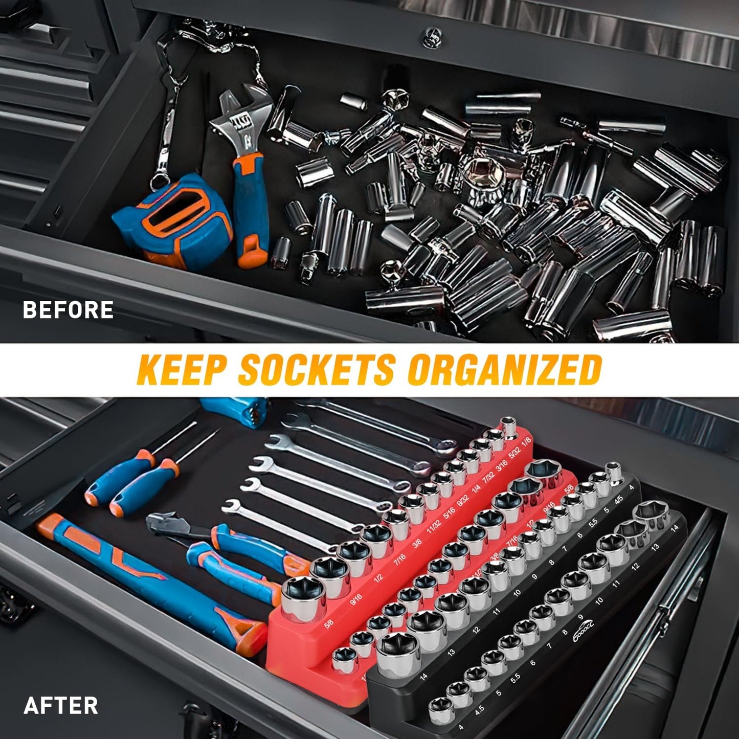 1/4" Magnetic Socket Organizer, 2 Pieces Socket Holder Metric SAE Socket Tray, 1/4 Inch Socket Organizer Tray Holds 52 Standard Sockets for Tool Box Drawer