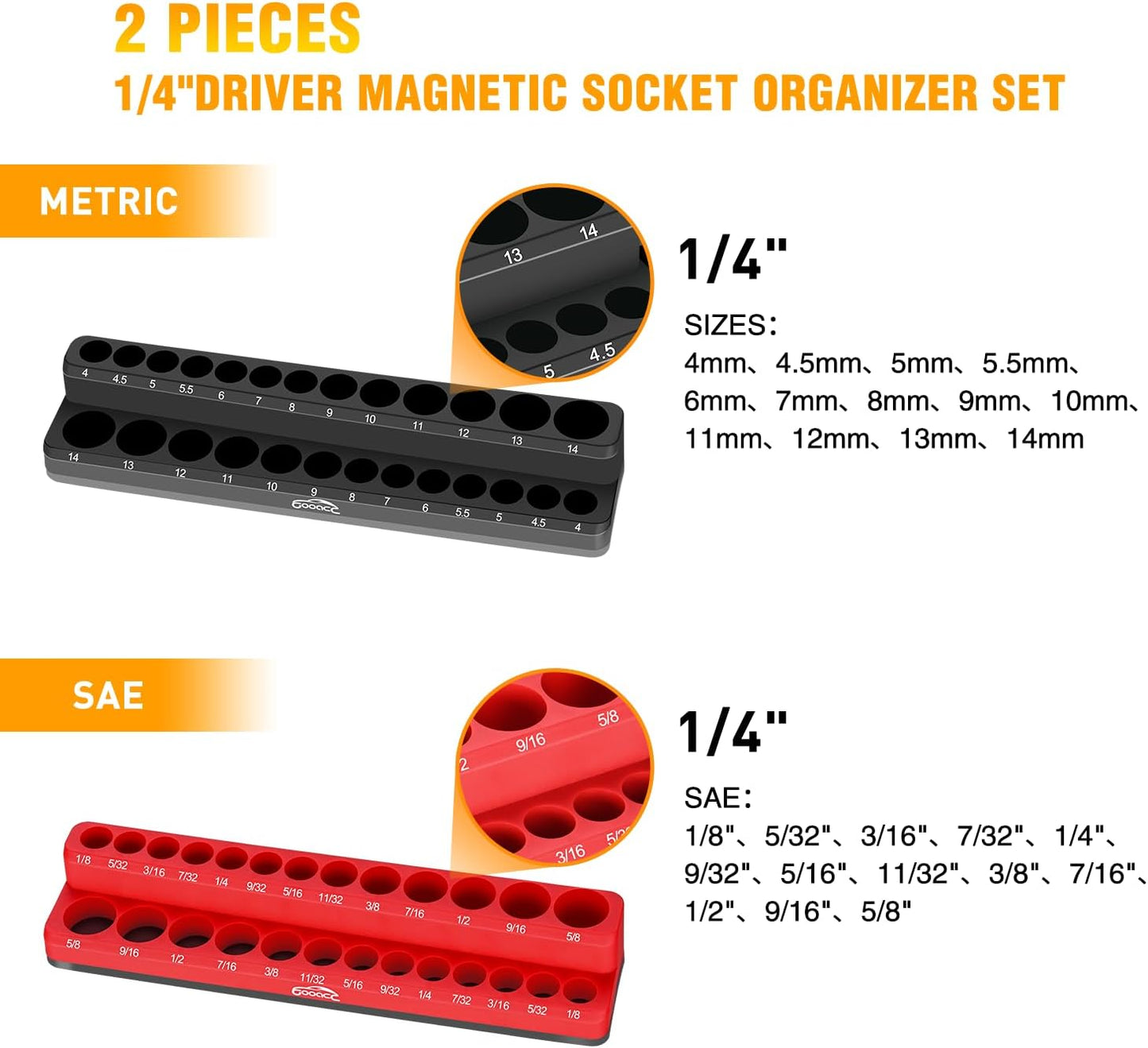 1/4" Magnetic Socket Organizer, 2 Pieces Socket Holder Metric SAE Socket Tray, 1/4 Inch Socket Organizer Tray Holds 52 Standard Sockets for Tool Box Drawer
